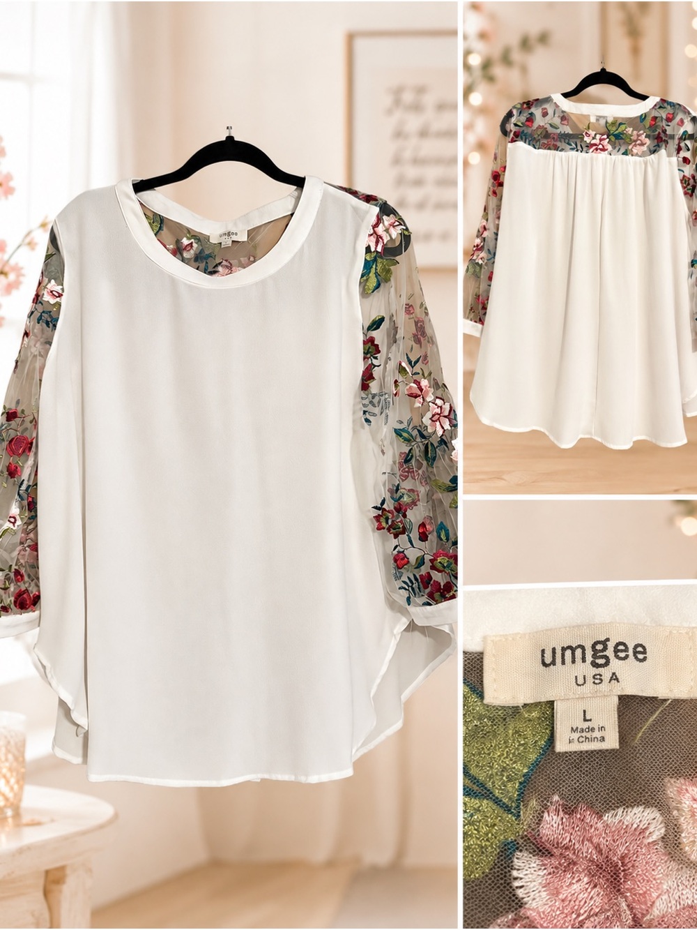 Umgee White Floral Sheer Sleeve Blouse-NWOT